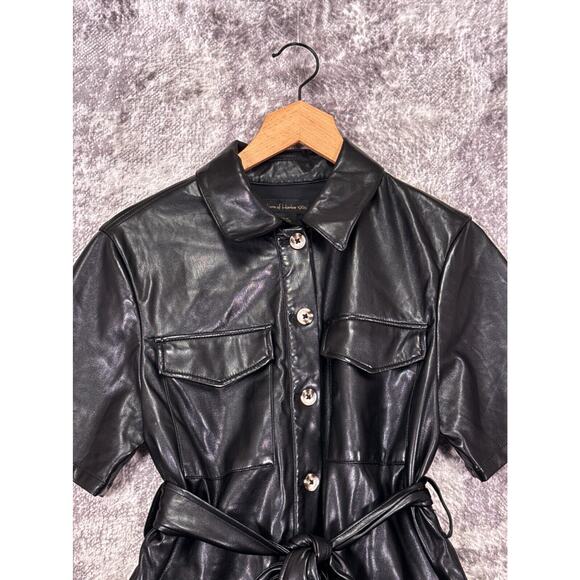 House of Harlow Dress XS Womens Black Vegan Leather Button Up Belted Mini - Picture 2 of 8